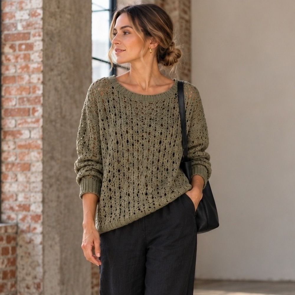 James Perse Womens Cotton Linen Sweater M Green Open Knit Oversized Pullover